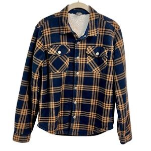 Eddie Bauer Faux Shearling Baltic Navy and Tan Plaid Fleece Jacket Kids Large 14